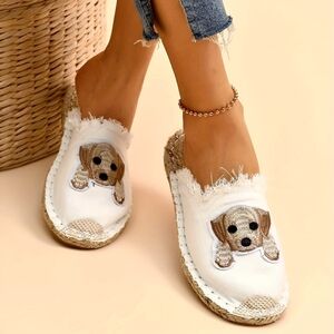 Cute Dog Embroidered White Slip-On Espadrilles
